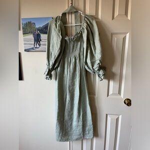 Sleeper 100% linen Atlanta off-the-shoulder shirred organic linen midi dress